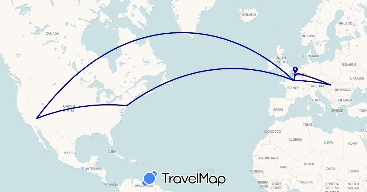 TravelMap itinerary: driving in Belgium, France, Hungary, United States (Europe, North America)